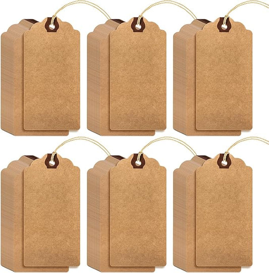 Outus 60 Pcs 4 3/4-in x 2 3/8-in Blank Large Paper Gift Tags with String and Reinforced Eyelet Wire Writable Price Tags Shipping Labels Inventory Labels(Brown)