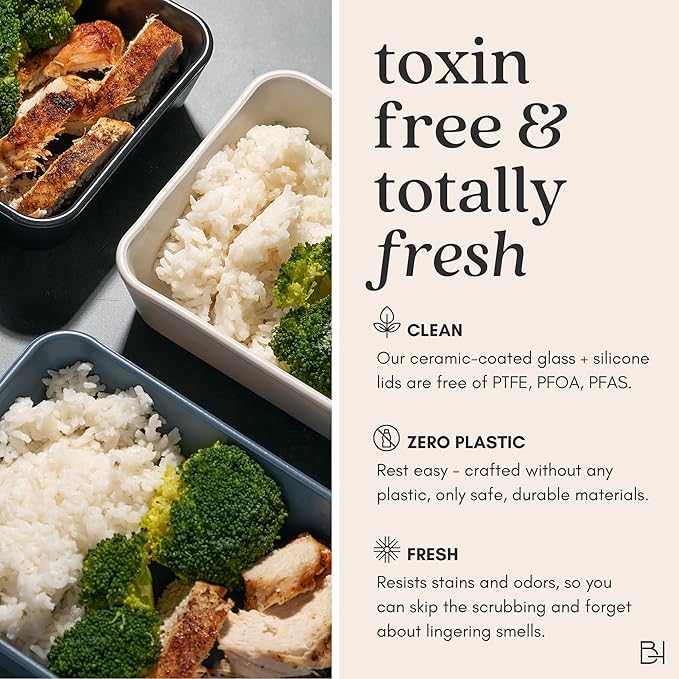 Ceramic Coated Glass Food Storage Container | No PTFE, PFOA, PFAS, and BPA | Reusable Non Toxic Meal Prep Container with Glass Lid | Easy To Store | 2.5 Cup Square [Dusk]