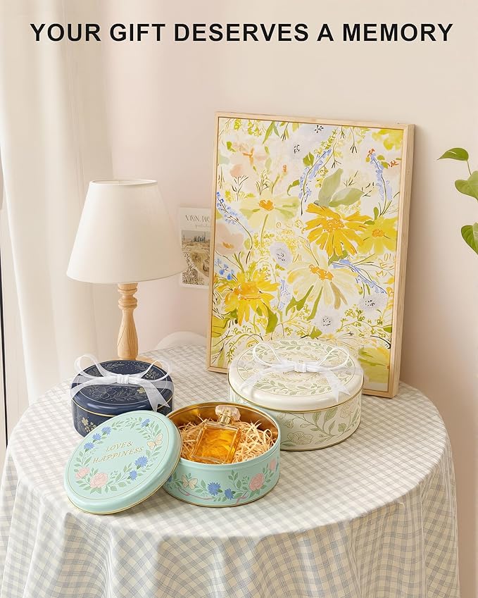 Floral Cookie Tins with Lids – Set of 3 Round Metal Storage Containers, Elegant Reusable Gift Boxes for Cookies, Treats & Keepsakes – Decorative Nesting Tin Set for Home & Kitchen
