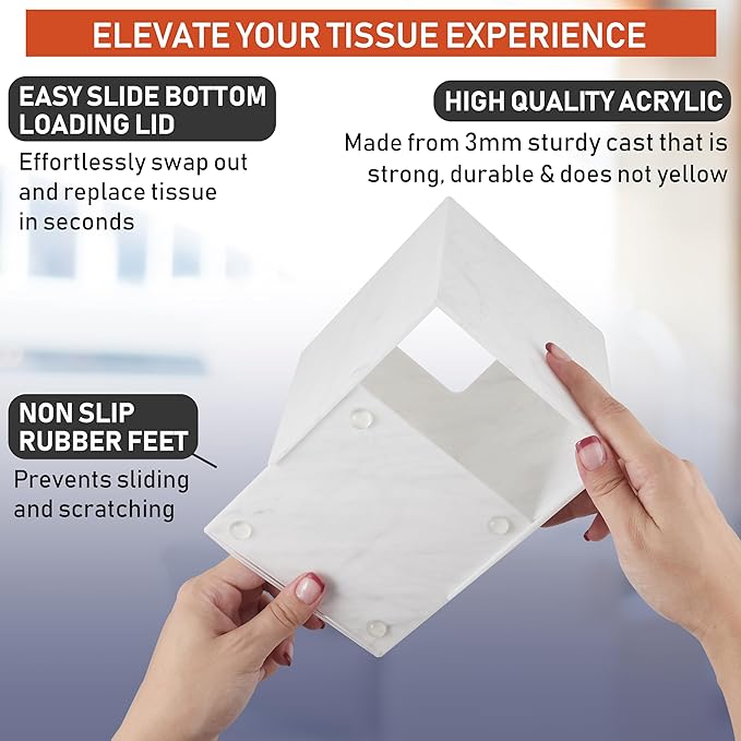 Acrylic Tissue Box Holder, Square Dispenser for Facial Tissues, Napkins, and Dryer Sheets. Perfect for Bathrooms, Desks, Countertops, Vanities, Bedrooms, and Nightstands (Square, Marble)