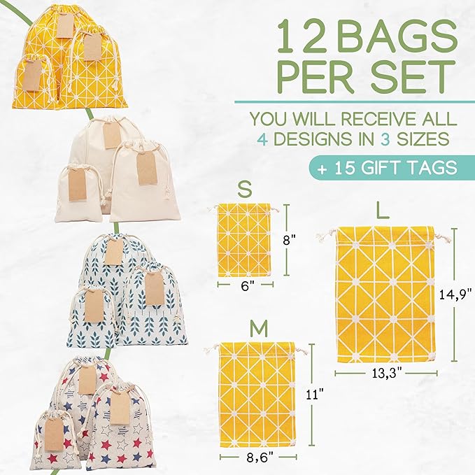 12 pcs Reusable gift bags. Bonus: 15 Gift tags & String. Multipurpose Gift wrap bags. Fabric gift bags. Gift bags assorted sizes for Holiday gifts, birthdays, parties. 1st Ed.