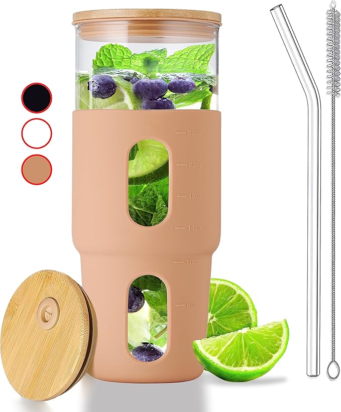32oz Drinking Glass Tumbler with Bamboo Lid and Straw - Silicone Sleeve - Fits Car Cup Holder - Reusable Boba Smoothie Cup, Spill Proof Travel Water Bottle, Iced Coffee Tumbler, BPA Free - Amber.