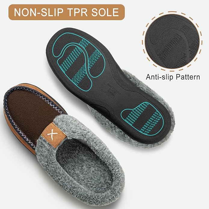 Homitem Mens Slippers Moccasins Memory Foam Fuzzy Slippers for Men Wool-Like Plush Fleece Lined House Shoes Indoor Outdoor Anti-Skid Rubber Sole Home Bedroom