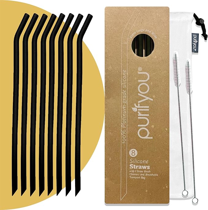 purifyou 14in Platinum Silicone Straws, Extra Long & Wide for 40oz Tumblers from Stanley, Reduce, Yeti & More, Reusable Smoothie Straws with Travel Case & 2 Cleaning Brushes (Set of 8, Black)