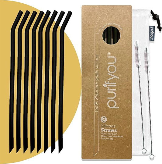 purifyou 14in Platinum Silicone Straws, Extra Long & Wide for 40oz Tumblers from Stanley, Reduce, Yeti & More, Reusable Smoothie Straws with Travel Case & 2 Cleaning Brushes (Set of 8, Black)
