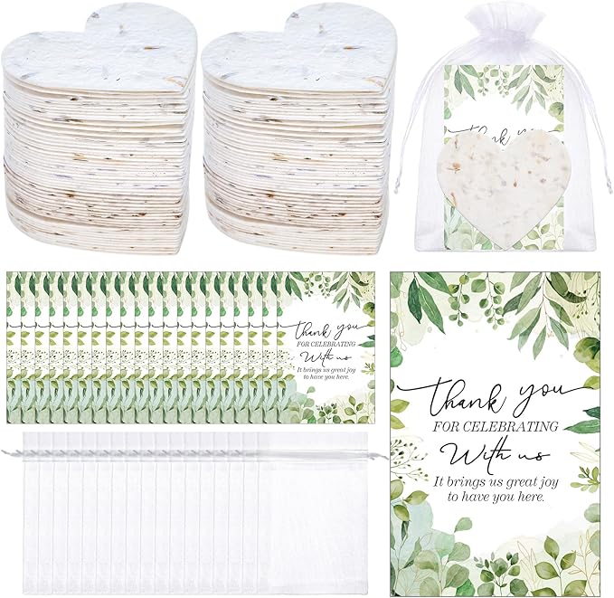 50 Sets Wedding Gifts for Guests Heart Shaped Seed Paper Baby Shower Seed Packet Party Favor Plantable Paper Thank You Cards and Organza Bags for Bridal Shower Party Favors(Leaves Style)