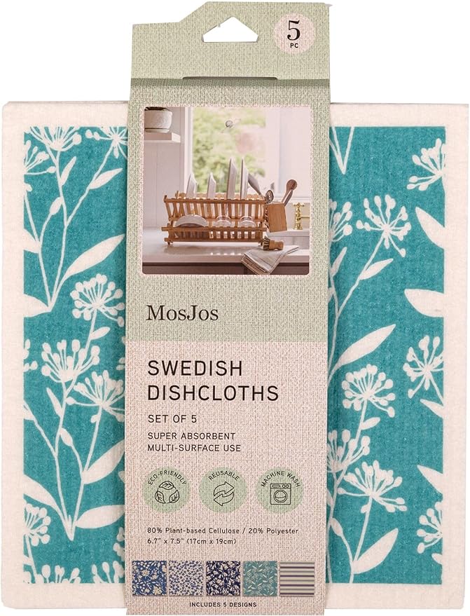 MosJos Swedish Dishcloths, Vintage Plant-Based Cellulose, 6.7x7.5 Inch, Super Absorbent, Multi-Surface, Machine Washable, Reusable, 5 Pack (Blue-Aqua)