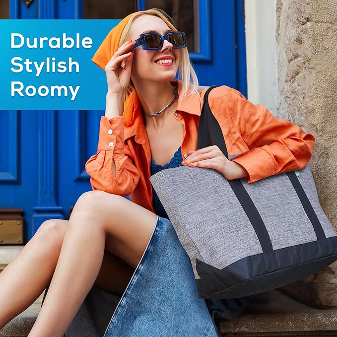 Creative Green Life Extra Large Tote Bag for Women or Men with Zipper – Everyday Tote-Bag for Work, School, gym, Shopping, Teachers, Nurses – Canvas Style Travel Bag, Weekender Overnight Bag (Gray)