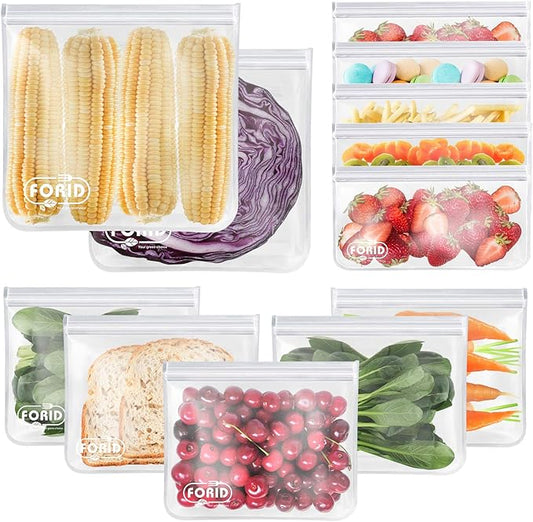 FORID Reusable Storage Bags, 12 Pack Extra Thick Freezer bags (2 Reusable Gallon Bags, 5 Reusable Sandwich Bags, 5 Reusable Snack Bags) FDA Grade LEAKPROOF Lunch Bag for Food Travel Items Storage