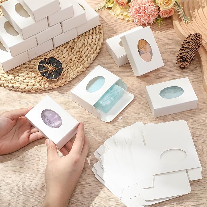 TaoBary 100 Pcs Soap Boxes for Homemade, 3 x 3 x 1.2 Inch Small Paper Gift Packaging Boxes with Window, Gift Wrappers for Soap Packaging Making Party Favor(Oval,White)