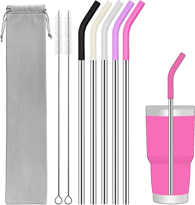 Set of 5 Stainless Steel Straws for 30 Oz Tumbler,For Stanley 30 Oz Tumbler, Reusable Metal Straw with 10 Silicone Tips and 2 Straw Cleaning Brush （5 colours 4, 30oz）