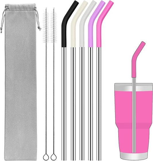 Set of 5 Stainless Steel Straws for 30 Oz Tumbler,For Stanley 30 Oz Tumbler, Reusable Metal Straw with 10 Silicone Tips and 2 Straw Cleaning Brush （5 colours 4, 30oz）