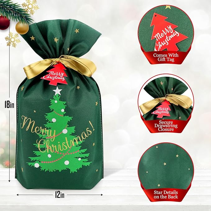 Fabric Gift Bags for Christmas Presents - 6 Pcs Christmas Gift Bags with Drawstring, Large Reusable Drawstring Bags for Gifts (Green Tree)