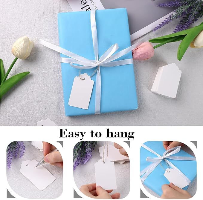 SallyFashion 120pcs Gift Tags with String Attached, 1.6 x 2.8 inch White Paper Tags Hanging for Clothes DIY Crafts Wedding Holiday