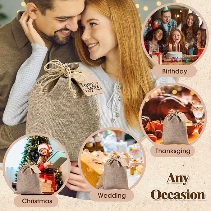 Homum 50PCS Burlap Gift Bags with Drawstring and Gift Tags & String, 7x9 Inch Party Favor Burlap Bags Linen Jewelry Pouches for Party, Wedding, Jewelry Pouches, Christmas, Festival, Coffee, DIY Craft
