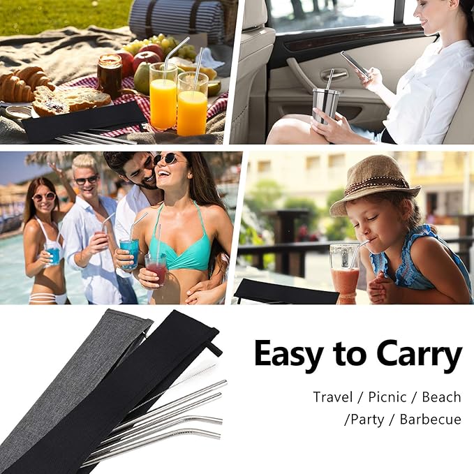 Aosbos Reusable Straws Pouch Carrying Case for Metal, Silicone, Paper, Plastic, Tumbler Straws, Stainless Steel Chopstick, (2-PACK, 11.8 IN, Grey) Black & Grey
