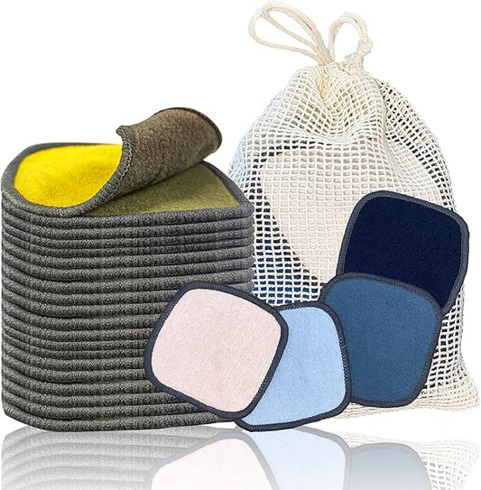Reusable Makeup Remover Pads - 20 Pack Reusable Cotton Rounds 2-Ply, Washable Bamboo Face Pads for All Skin Types with Cotton Bag for Storage