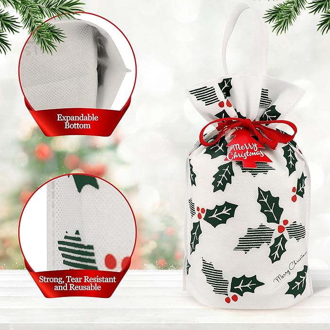 Fabric Gift Bags for Christmas Presents – Set of 6 Large Reusable Drawstring Bags with Festive Holly Design – Christmas Bags for Gifts – Perfect for Gift Wrap and Holiday Giving (Holly)