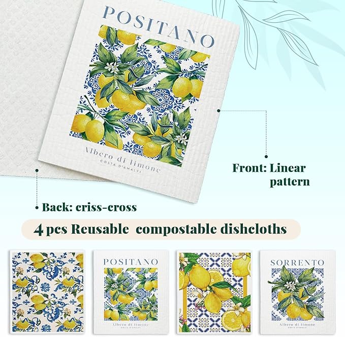 Swedish Dishcloths for Kitchen, Papaya Reusable Paper Towels Washable, Vintage Floral Summer Lemon Swedish DishCloths for Friut, 4 Pcs Dish Towels for Kitchen, No Odor Cleaning Cloths