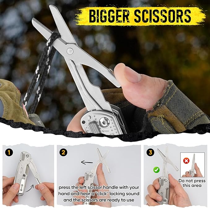 BIBURY Multitool Pocket Knife BI2056, Stainless Steel Multi Tool Knife with Clip, Folding Multitool EDC Knife with Magnetic Locking,Screwdriver,Large Scissors,Glass Breaker for Survival Camping Hiking