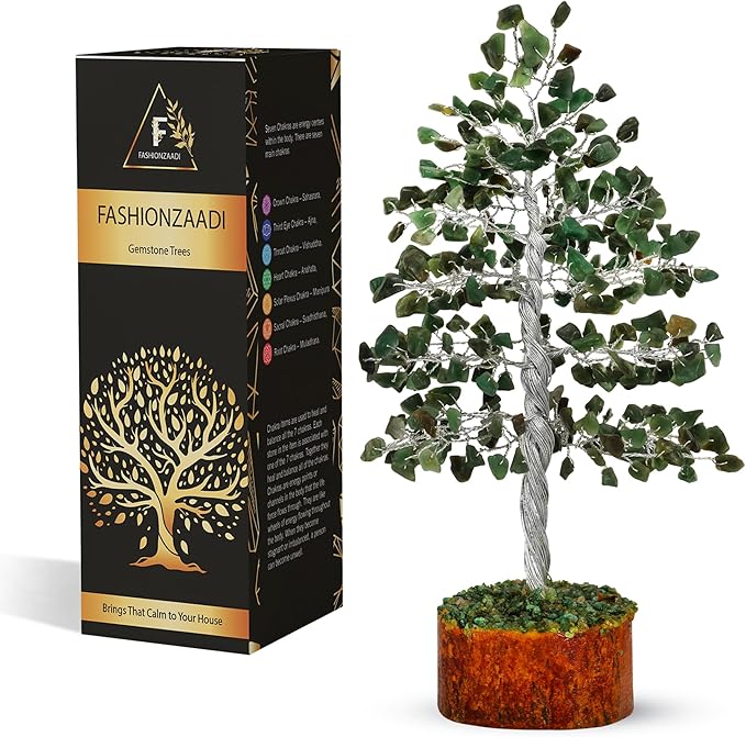 FASHIONZAADI Gemstone Money Tree Reiki Healing Chakra Balancing Handmade Bonsai Trees Spiritual Gift Aura Cleansing Good Luck Home Decor (Green Aventurine Silver Wire)