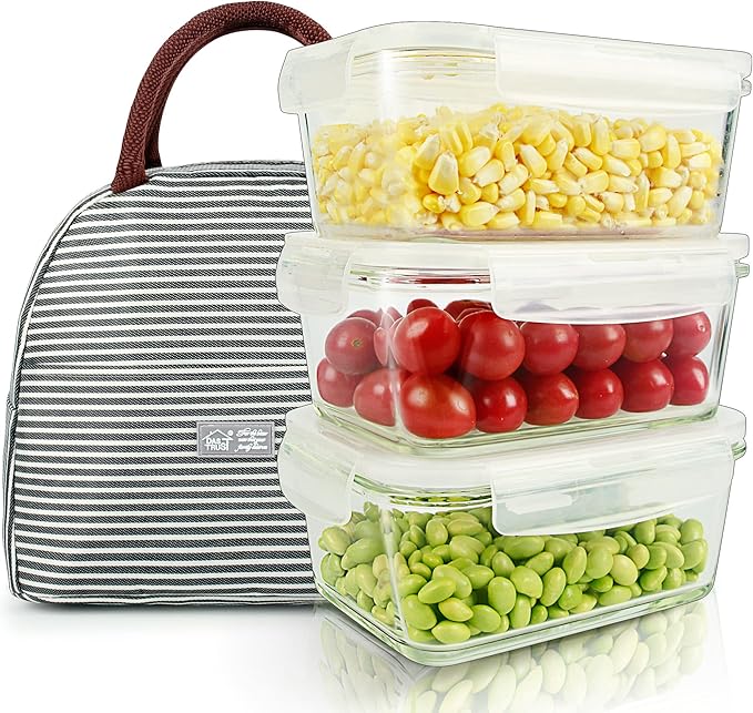 DAS TRUST 3 Pack Glass Food Storage Containers Meal Prep Containers Reusable Fridge Organizers Lunch Container for Adults Food Storage Containers with Lids Airtight Pizza Storage Salad