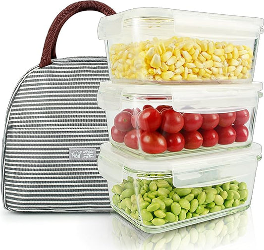 DAS TRUST 3 Pack Glass Food Storage Containers Meal Prep Containers Reusable Fridge Organizers Lunch Container for Adults Food Storage Containers with Lids Airtight Pizza Storage Salad