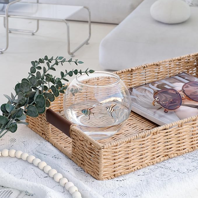 Handwoven Multipurpose Rectangle Rattan Tray, 20” x 12” – Durable Wicker Tray with Leather Handles for Home Decor Display