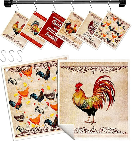 Kitchen Swedish Dishcloths with Hooks - 6 Pack Reusable Dish Cloths for Washing Dishes Fast Drying Cute Fun Swedish Dish Towels Washable Cleaning Sponge, Red Chicken