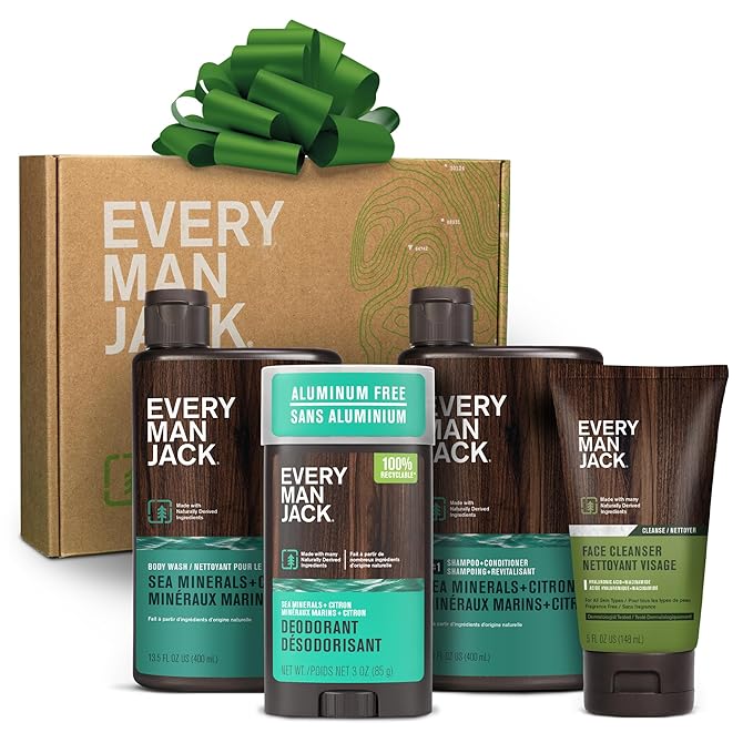 Every Man Jack Men's Bath and Body Gift Set - Sea Minerals + Citron Scent - Clean Ingredients - Includes Hydrating Body Wash, 2-in-1 Shampoo, Aluminum-free Deodorant & Face Wash