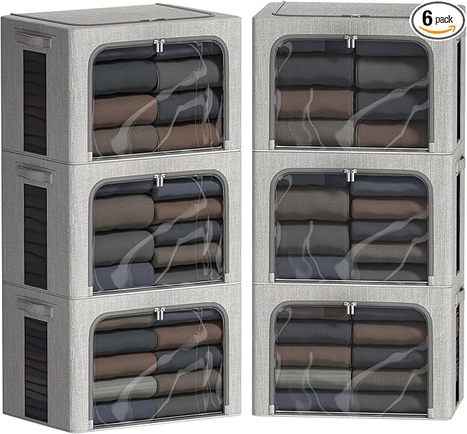 FHSQX 6 Pack Clothes Storage Bins with Metal Frame Foldable Storage Bins for Clothes Linen Fabric Storage Box with Clear Window (Light Grey, 19.7x15.7x13inch(66L))