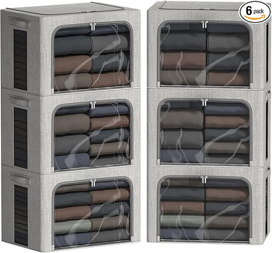 FHSQX 6 Pack Clothes Storage Bins with Metal Frame Foldable Storage Bins for Clothes Linen Fabric Storage Box with Clear Window (Light Grey, 19.7x15.7x13inch(66L))