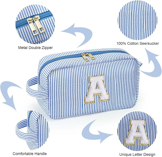 YOOLIFE Initial Makeup Bag for Women - Monogram Cute Blue Makeup Bags Cosmetic Toiletry Pouch Make Up Case for Women Her Best Friend Friendship Sister Teacher, Personalized Birthday Gifts for Women L