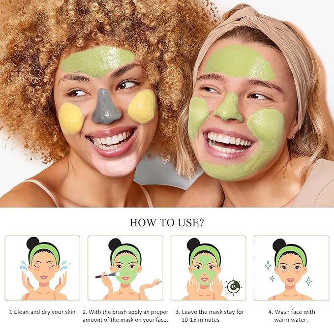 SHVYOG 4 Pcs Clay Facial Mask Set - Turmeric, Vitamin C, Green Tea, Dead Sea Mud, and Rose Clay Skin Care Mask for Deep Cleansing, Moisturizing, and Refining Pores - 240g