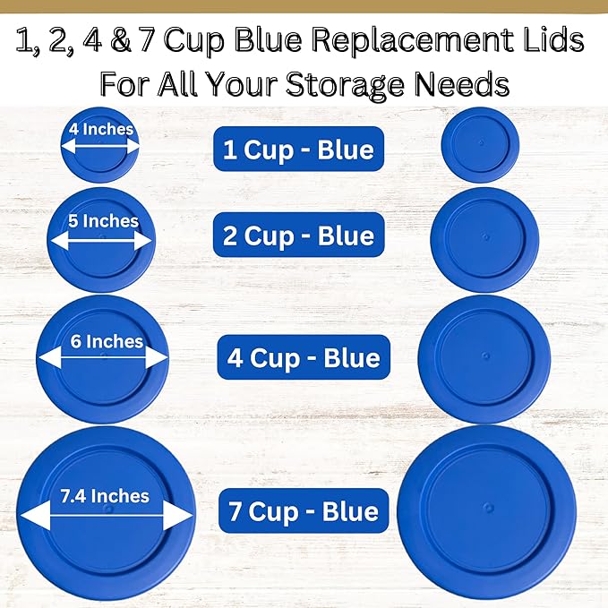 1, 2, 4 & 7 Cup Blue Replacement Lids/Covers for Pyrex, Anchor Hocking & KlareWare Storage Bowls *Lids Only Glass Container Not Included* (8 Pack *Two of Each Size*)