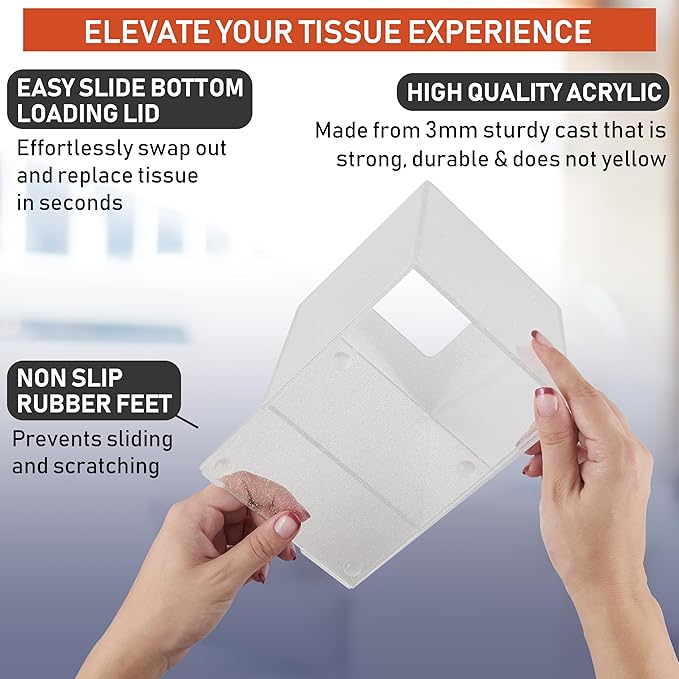 Acrylic Tissue Box Holder, Square Dispenser for Facial Tissues, Napkins, and Dryer Sheets. Perfect for Bathrooms, Desks, Countertops, Vanities, Bedrooms, and Nightstands (Square, Clear Glitter)