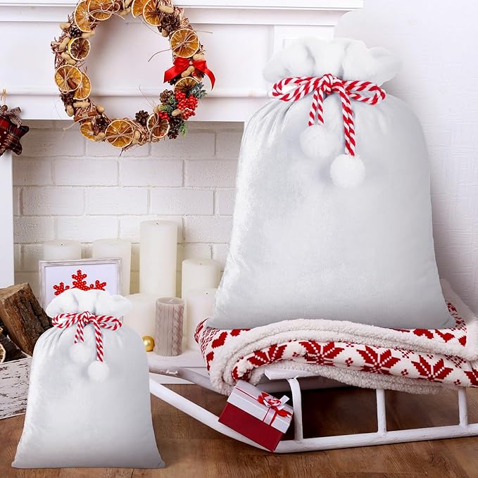 Shappy 2 Pieces Christmas Velvet Santa Bags with Drawstring in 2 Size Large Christmas Bags Santa Gift Sack for Xmas Playing Present Toy(White)