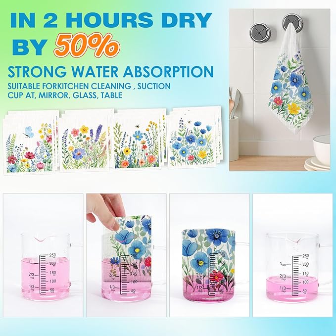 Morigins 12 Pack Swedish Dishcloths with 2 Push Towel Hooks - Reusable Dish Cloths for Washing Dishes, Napkins Cleaning Cloth Washable - Flower Set