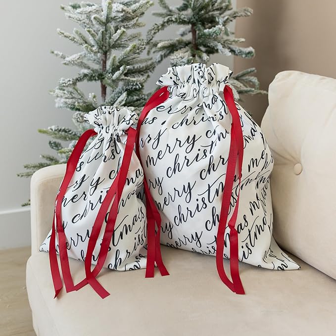 Gather & Knot Drawstring Christmas Gift Bags | 20" Large 16" Medium | Premium Canvas | Reusable Fabric Wrap for Holidays | Mix & Match | White Merry Christmas