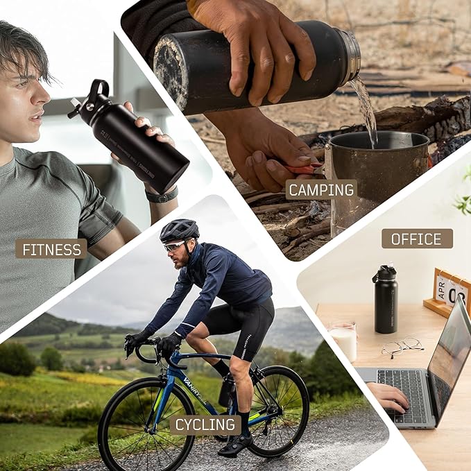ONETIGRIS 32 oz Insulated Water Bottle with Straw - Tactical Stainless Steel Water Jug, Leakproof Thermos Wide Mouth Sport bottle with 3 Lids and Sleeve for Travel, Gym, Camping, Hiking