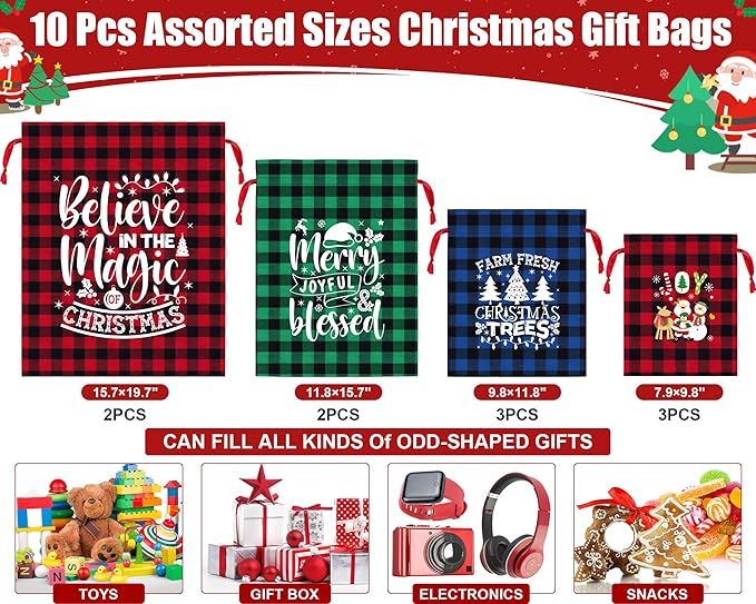 10 PCS Christmas Drawstring Gift Bags with Tags, Buffalo Plaid Xmas Gift Bags Assorted Sizes Bulk, Cotton Fabric Holiday Gift Bag Large Medium Small Wrapping Bag for Xmas Presents Decor Party Favors