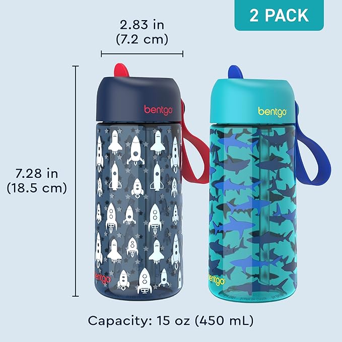 Bentgo Kids Water Bottle 2-Pack - Leak-Proof, Durable Tritan, BPA-Free 15 oz. Cup for Kids/Toddlers Ages 3+, Safe Sip Spout, & Dishwasher Safe for School/Sports/Daycare/Camp (Rocket/Shark)