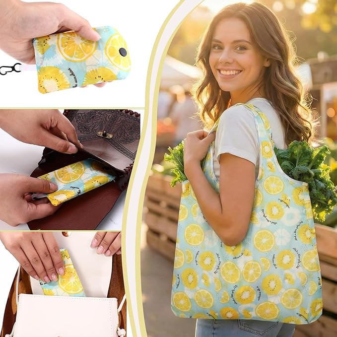 Tanlade 50 Pcs Reusable Grocery Bags Large Foldable Polyester Tote Bag Heavy Duty Washable Shopping Bags with Pouch Attached