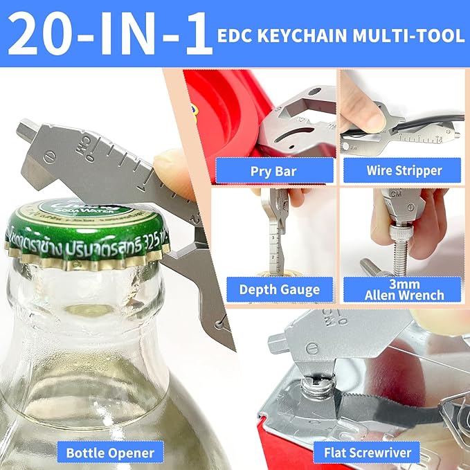 20 IN 1 Key Shaped Multitools, Key Shaped Pocket Tool, Stainless Steel Utility Gadget, Gift for Men, Everyday Carry, Automotive, Home Improvement, Bottle Opener, Screw Driver, Silver, 1 Pcs