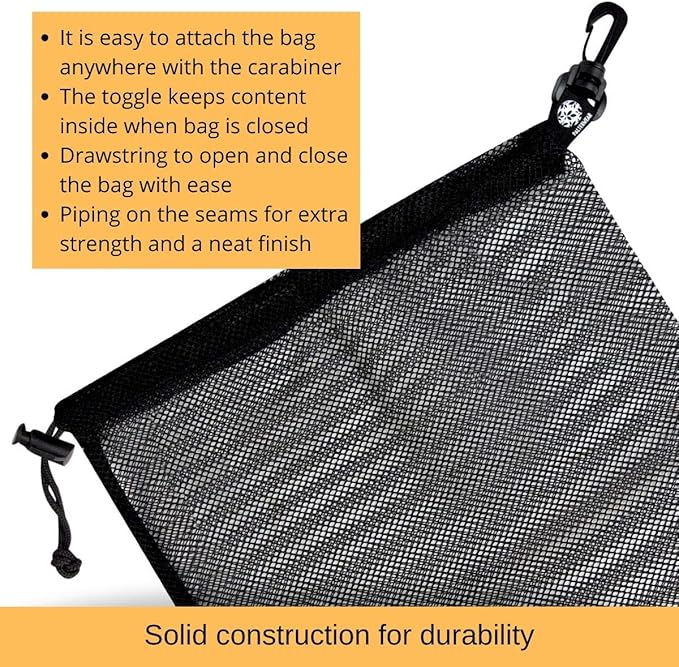 PALTERWEAR Mesh Drawstring Bag With Clip and Toggle Closure - For Water Sports, Hiking, Clamming - Multi-Use Set of 4 (Black, 10 x 15 inch)