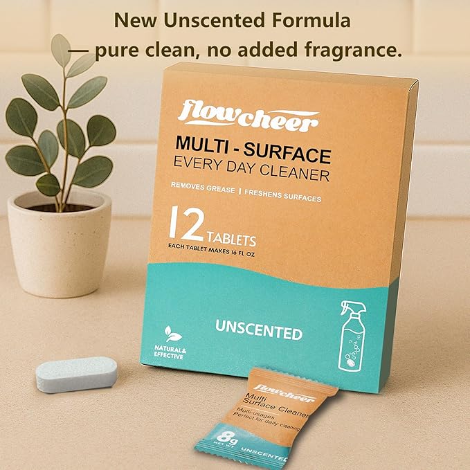 flowcheer Free & Clear All Purpose Cleaner Refills – Non-Toxic Multi-Surface Cleaning Tablets (12 Pack) Makes 192 Fl Oz Spray Cleaner for Home & Kitchen – Unscented