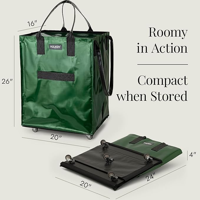 HULKEN - (Large, Forest Green) Reusable Grocery Bag On Wheels, Shopping Trolley, Rolling Tote, Zipper Closure, Lightweight, Carries Up to 66 lb, Folds Flat, Unbreakable Handles