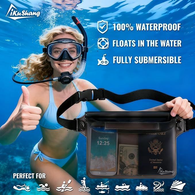 Waterproof Fanny Pack with Triple Zip Lock, Submersible Up to 32FT Dry Bag Pouch, Touchscreen Phone Case for Beach, Cruise, Swimming & Kayaking Essentials