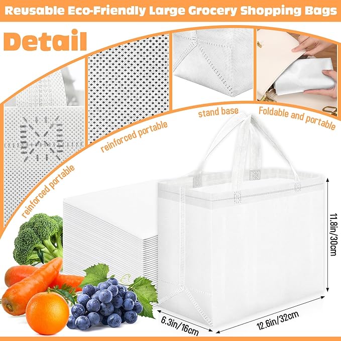 Windyun Reusable Grocery Bags Large Non Woven Shopping Bags with Handles Foldable Portable Tote Bulk, 12.6 x 11.8 x 6.3 Inch