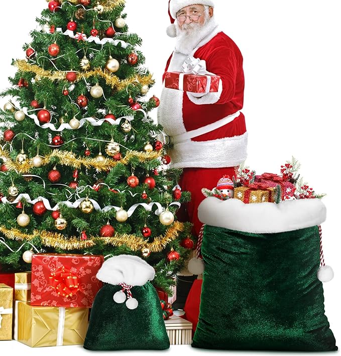 Shappy 2 Pieces Christmas Velvet Santa Bags with Drawstring in 2 Size Large Christmas Bags Santa Gift Sack for Xmas Playing Present Toy(Dark Green)